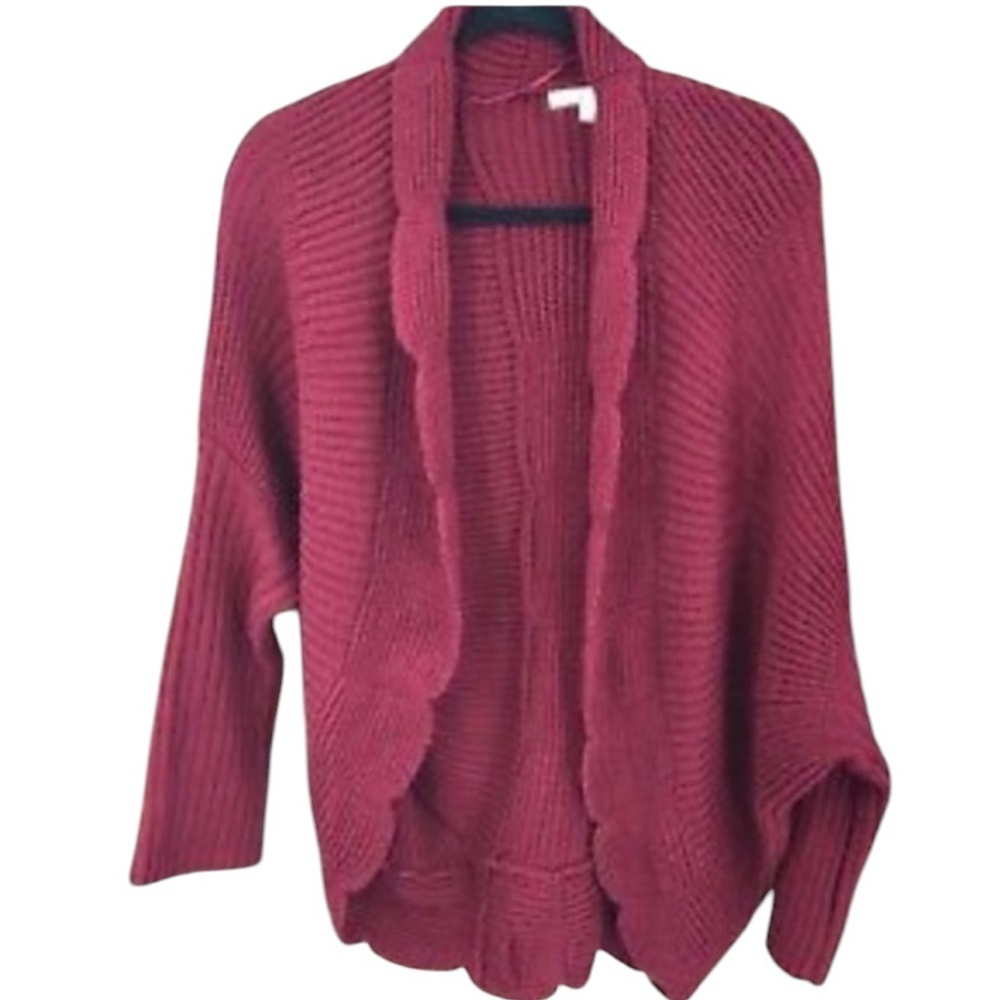 SKIES ARE BLUE | Maroon Scalloped Edge Open Front Cardigan Sweater size Small